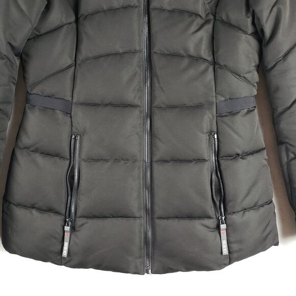 Guess Women's S Quilted Down Puffer Jacket Solid Black Hooded Winter Warm Staple - Picture 2 of 14